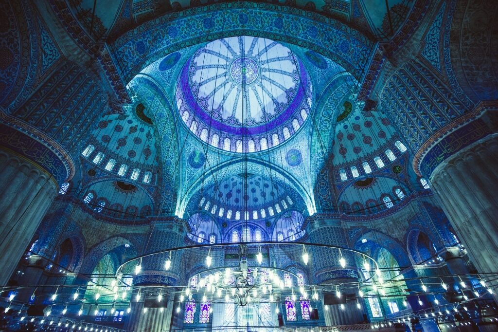 Beautiful interior of The Blue Mosque with cinematic lighting