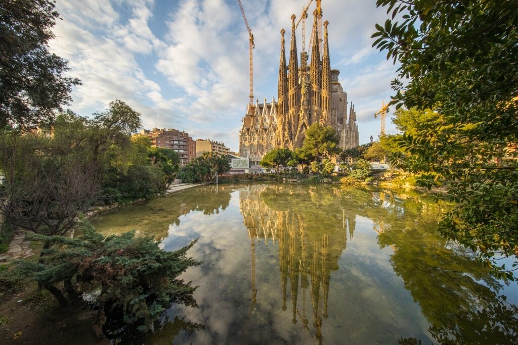Historic Sagrada Familia reflecting on water