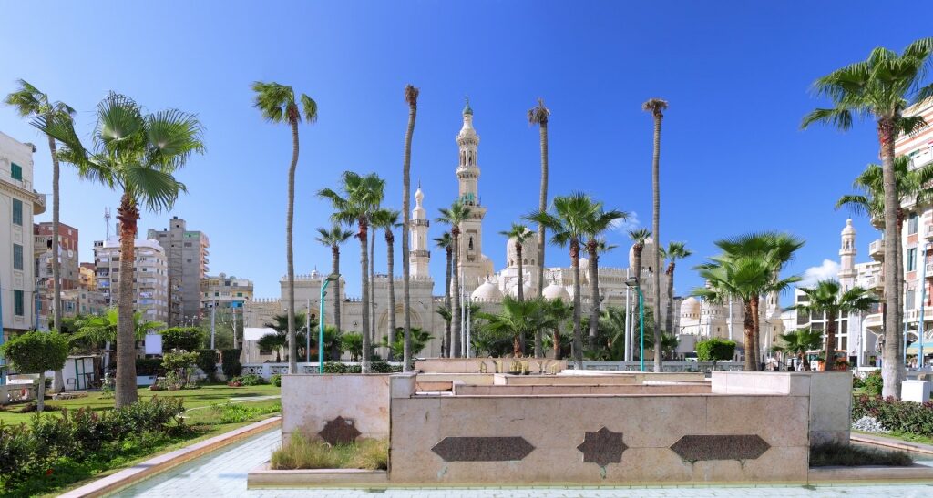 View of the Al-Mursi Abu Al-Abbas Mosque with park