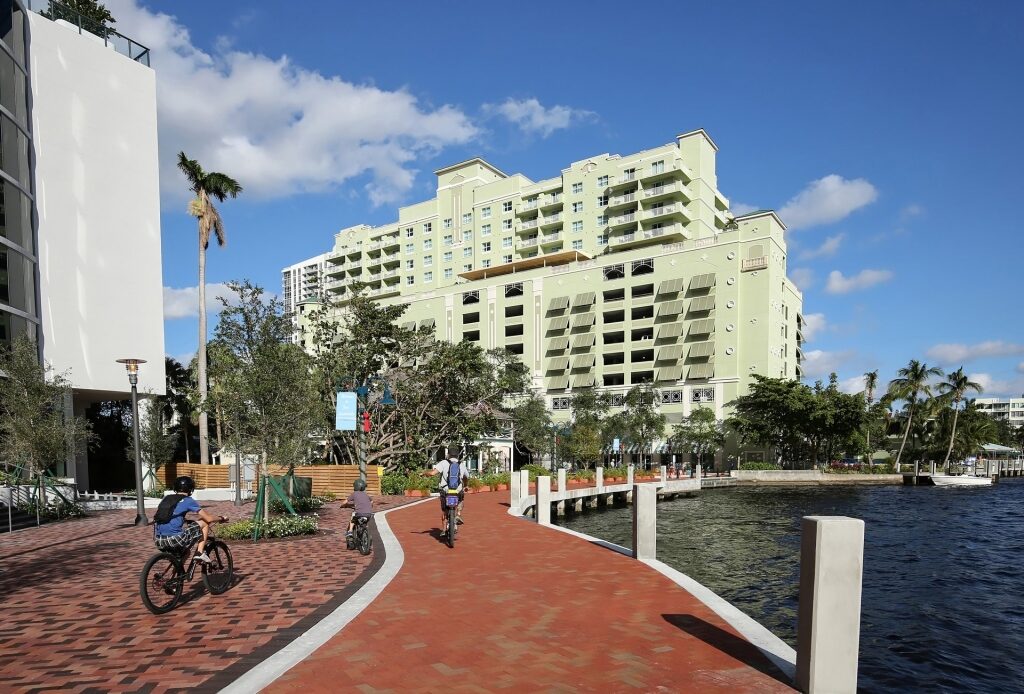 People biking along Riverwalk in Fort Lauderdale