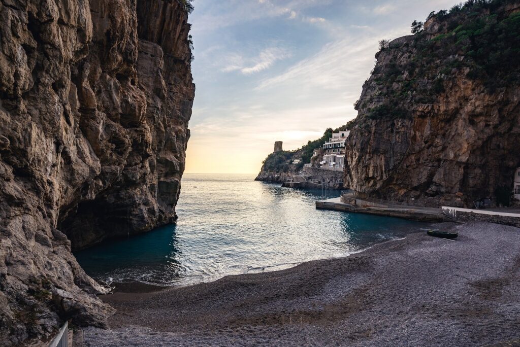 Small beach of Marina di Praia, Amalfi Coast amidst the cliffs