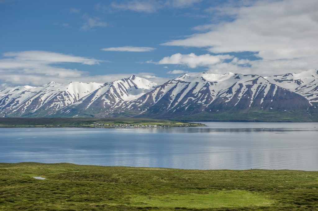 Snowy landscape of Eyjafjörður Fjord