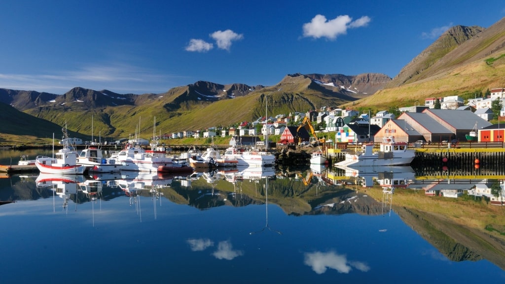 Quaint Siglufjordur with view of the mountains