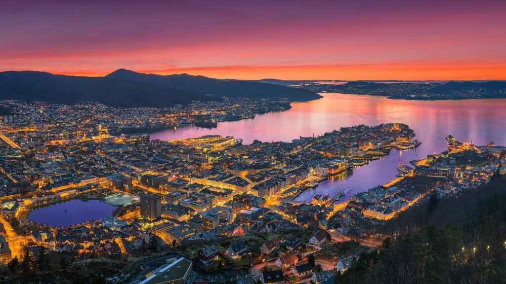Aerial view of Bergen, Norway with gleaming buildings