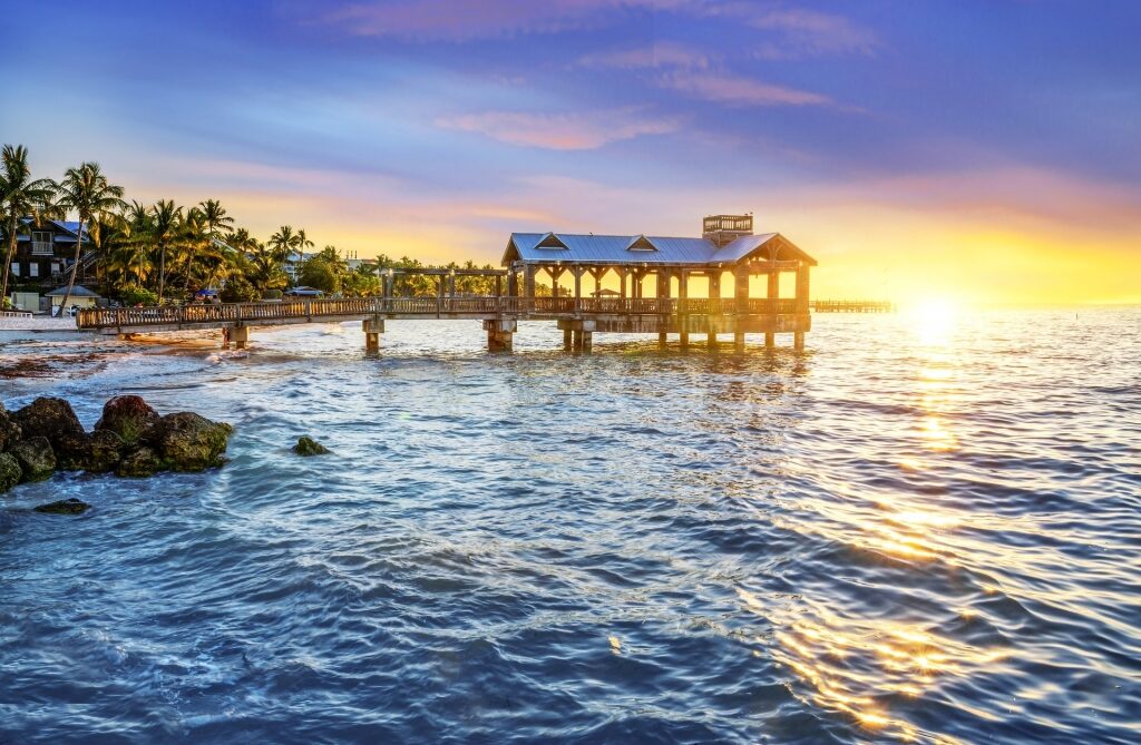 Sunset view of Key West, Florida with boardwalk