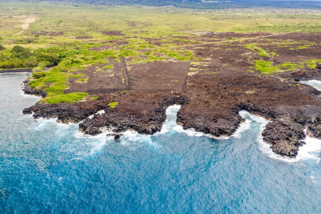 Aerial view of rocky Punalu'u Beach, Hawaii 
