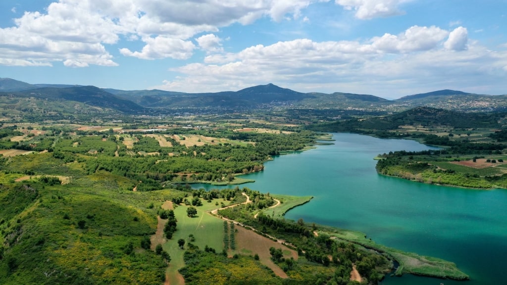 Aerial view of Lake Marathon with turquoise water