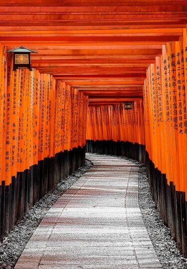 Multiple torii lined up in Fushimi Inari Taisha, one of the best Japan landmarks
