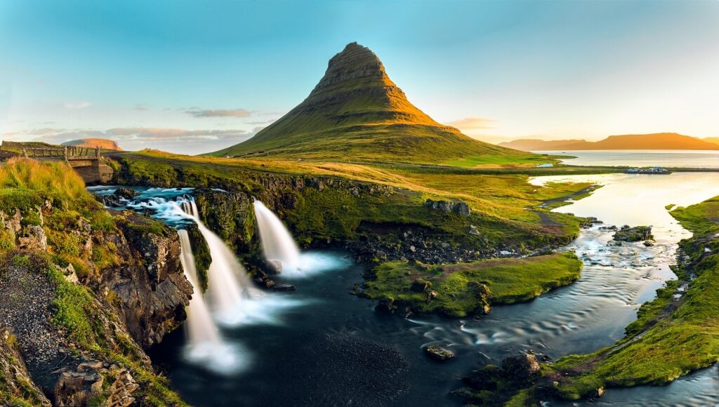 Beautiful landscape of Kirkjufell, Iceland with waterfalls