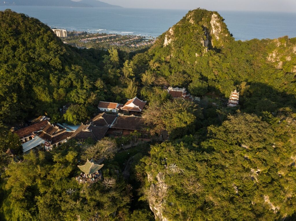 Lush landscape of Marble Mountain including Buddhist sanctuaries