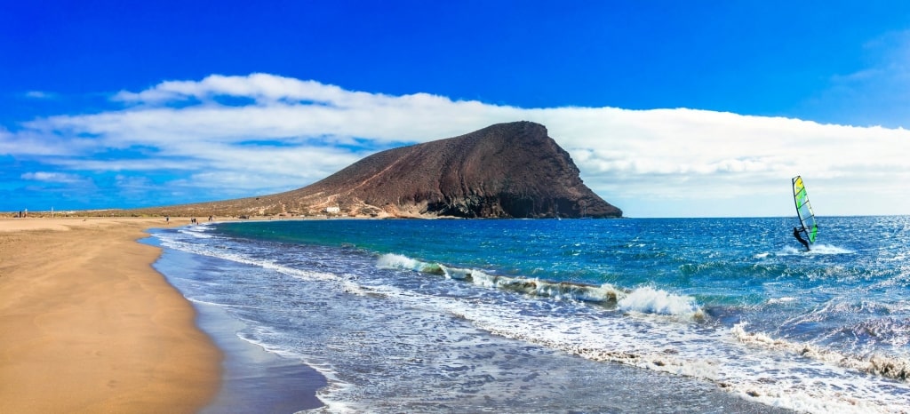 Golden sands of Playa de la Tejita with view of the mountain