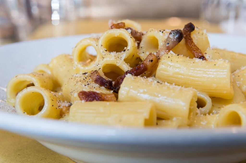 Plate of Rigatoni Carbonara with guanciale