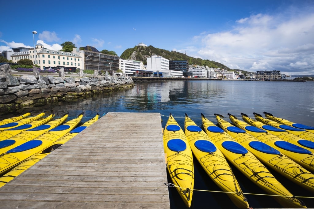 View of Ålesund harbor with kayak