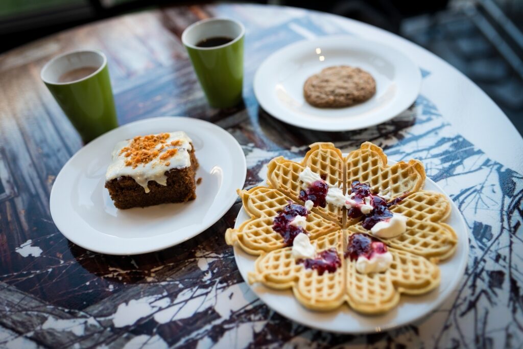 Waffles and other Norwegian dessert on a table