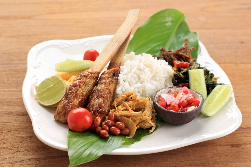 Plate of Indonesian mixed chicken rice dish nasi ayam campur