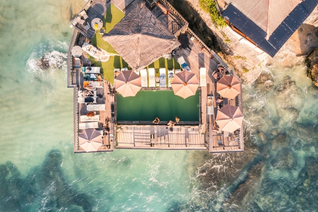 Birds eye view of a beach club in Bali