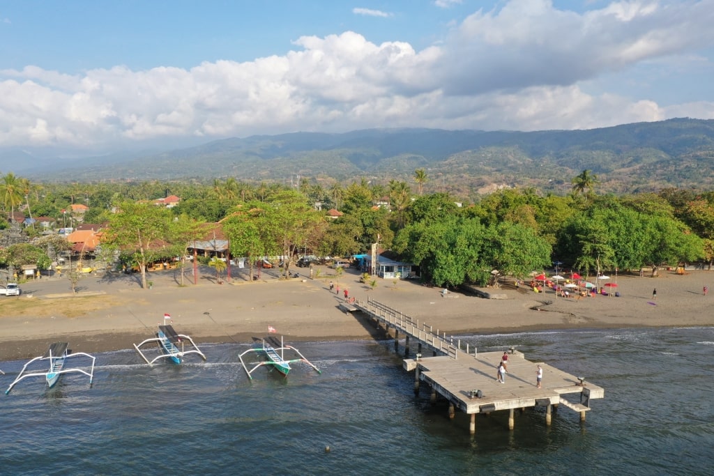 View of Lovina Beach with boardwalk