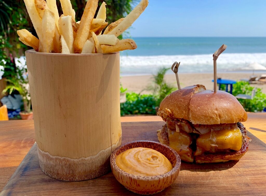 Burger and fries at a restaurant along Seminyak Beach