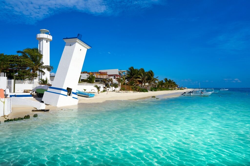 Playa Morelos, Puerto Morelos with iconic leaning lighthouse