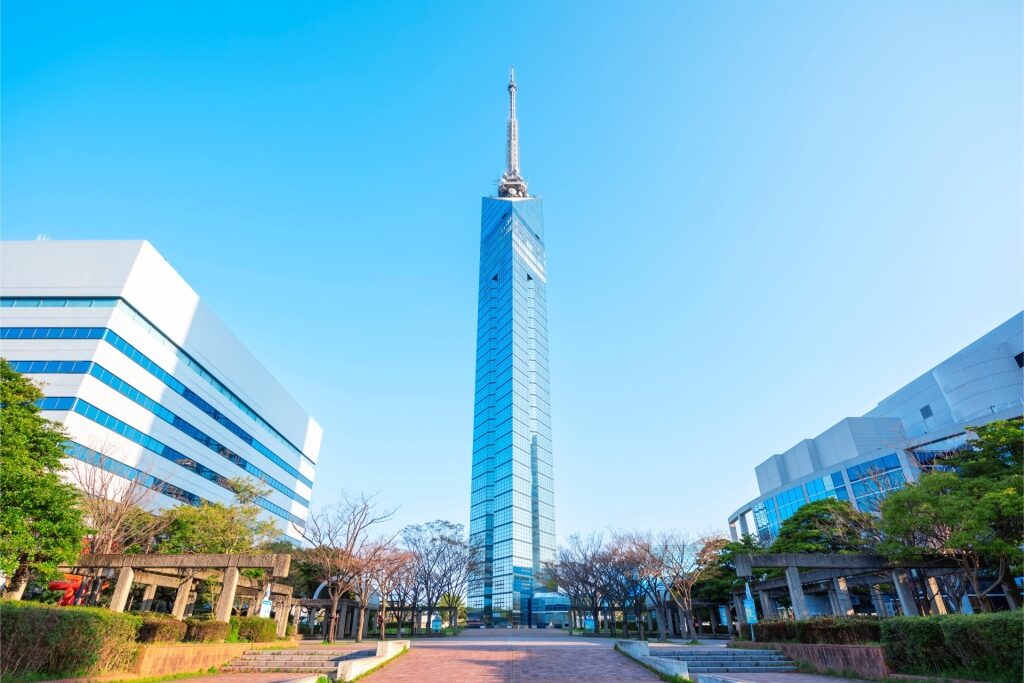 Shimmering glass skyscraper of Fukuoka Tower, Fukuoka
