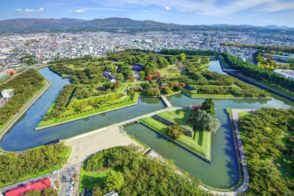 Lush aerial view of Goryokaku Fort & Tower, Hakodate 