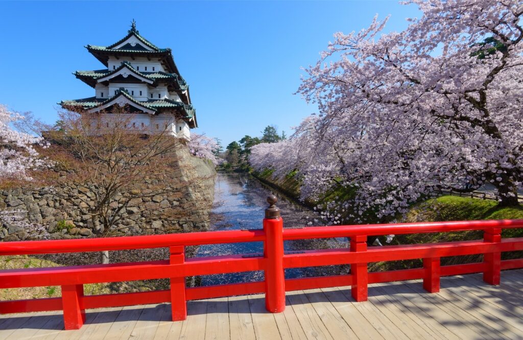 Exterior of Hirosaki Castle, Aomori with cherry blossoms