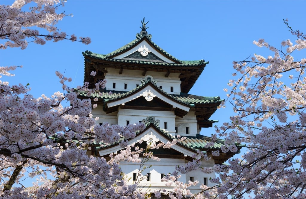 Exterior of Hirosaki Castle, Aomori with cherry blossoms