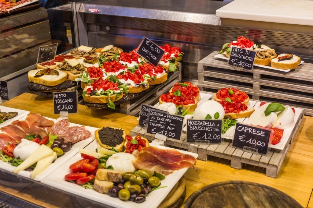 A variety of food for sale at the Mercato Centrale, Florence