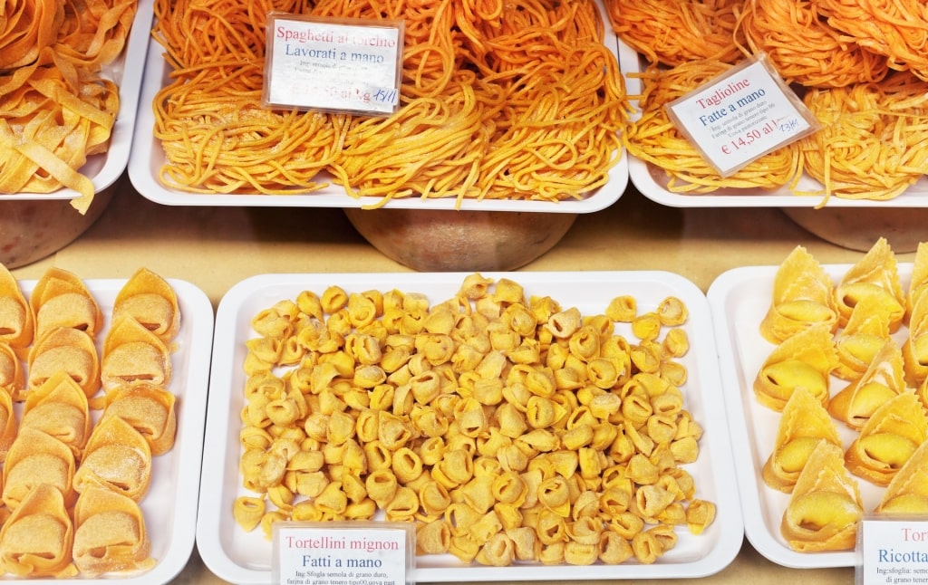 Pasta on display at the Mercato di Mezzo, Bologna