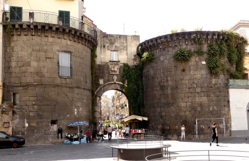 Iconic tower outside Mercato di Porta Nolana, Naples