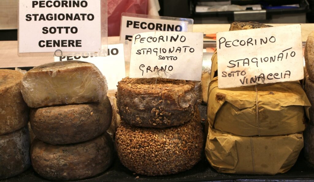 Pecorino on display at the Mercato di San Benedetto, Cagliari