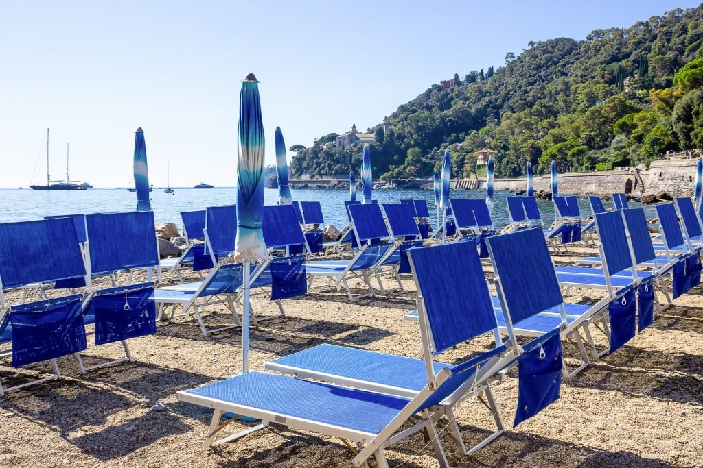 Blue umbrellas lined up on a beach