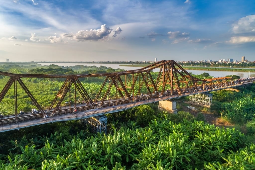 Beautiful aerial view of Long Bien Bridge