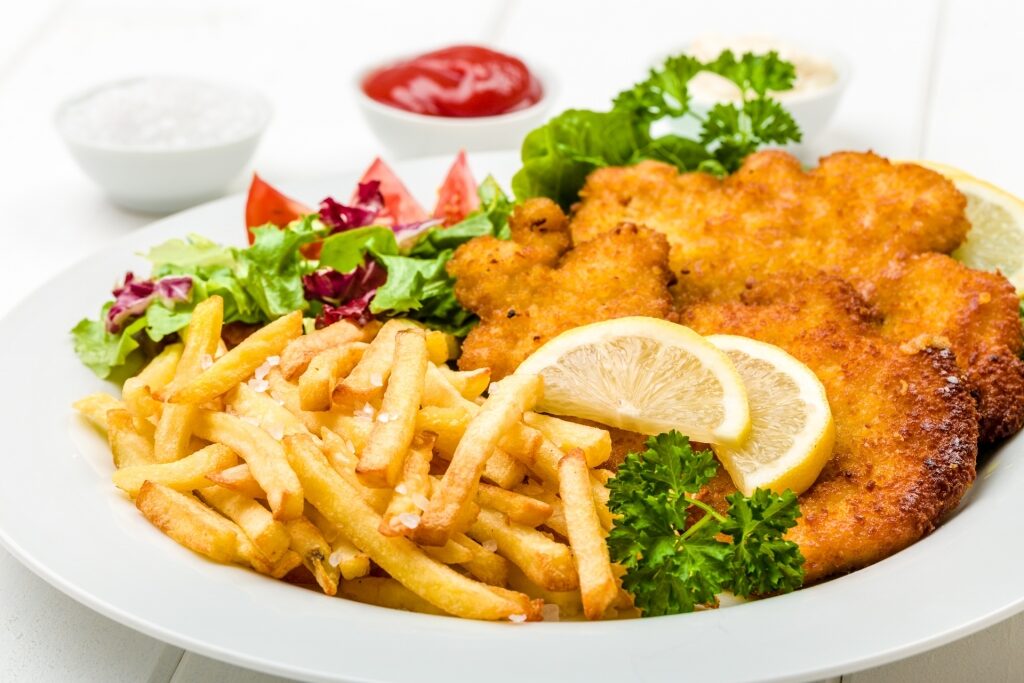 Plate of savory chicken schnitzel