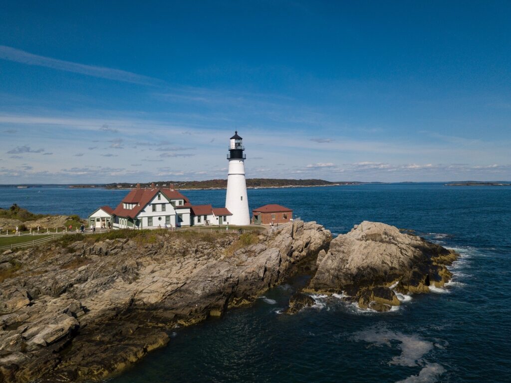 Beautiful lighthouse of Portland Head Light on rocky cliff