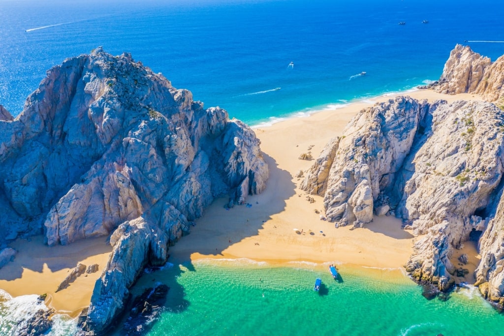 Aerial view of Lover's Beach with rock formations