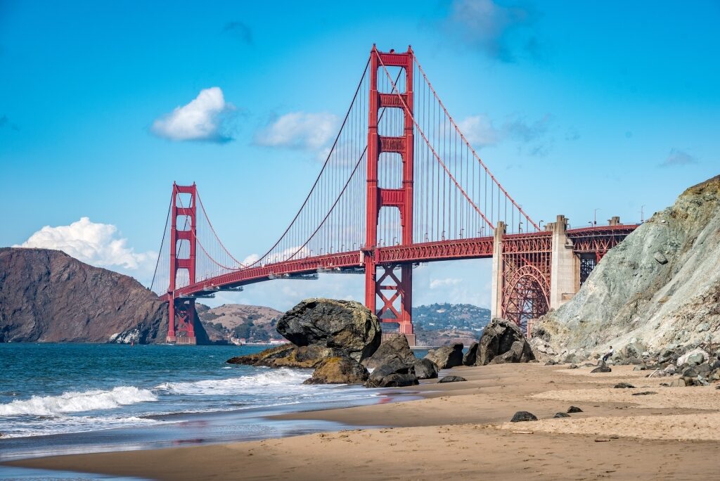 Beautiful landscape of Marshall's Beach with Golden Gate Bridge