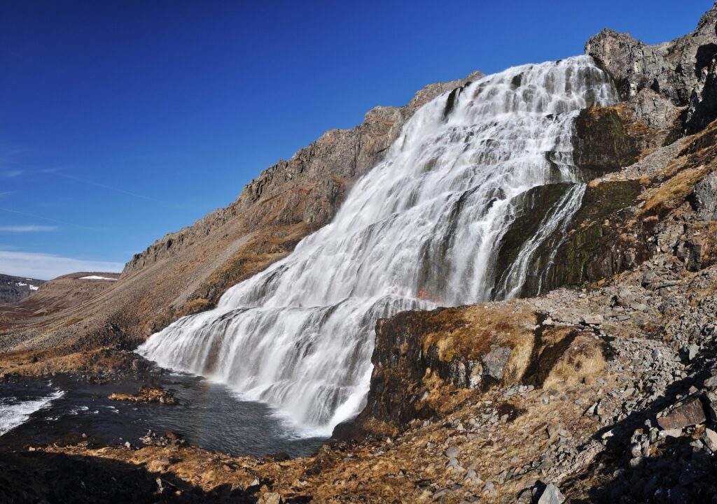 Scenic landscape of Dynjandi Waterfall in Isafjordur, Iceland