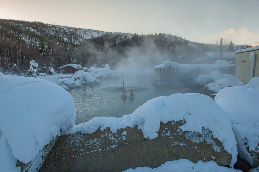 Snowy landscape surrounding Chena Hot Springs in Fairbanks, Alaska