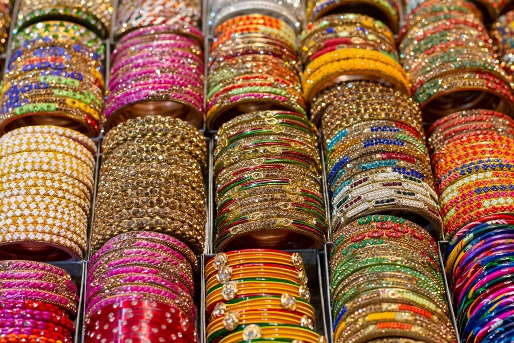 Glass-beaded bangles inside a store in India