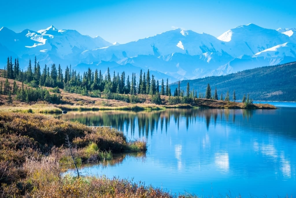 Wonder Lake in Denali National Park, Denali with mountains as backdrop