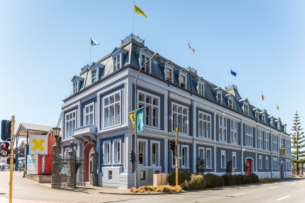 Blue and white exterior of Wellington Museum