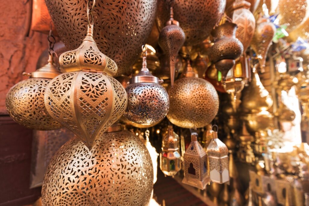 Brassware inside a souk in Morocco