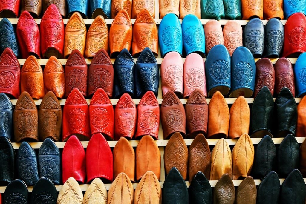Leather items at a souk in Morocco