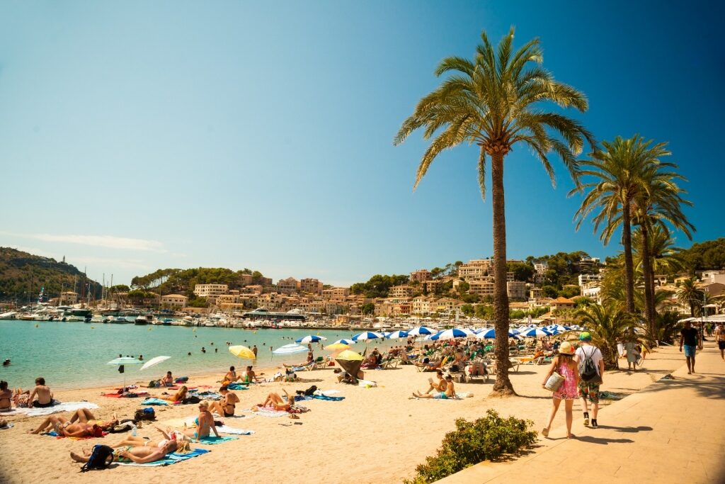 People relaxing on Platja de Soller in Mallorca, Spain 