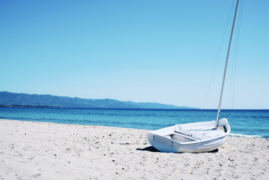 White sands of Poetto Beach in Sardinia, Italy