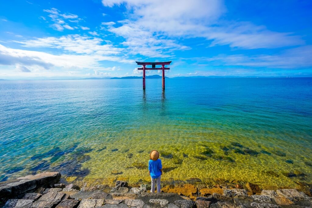 View of Lake Biwa, Kyoto with torii