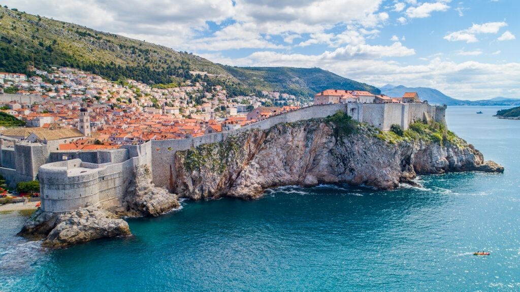 Waterfront view of Dubrovnik, Croatia with glittering Adriatic sea