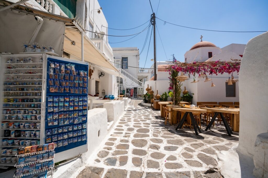 Cobbled street of Mykonos Town, Greece