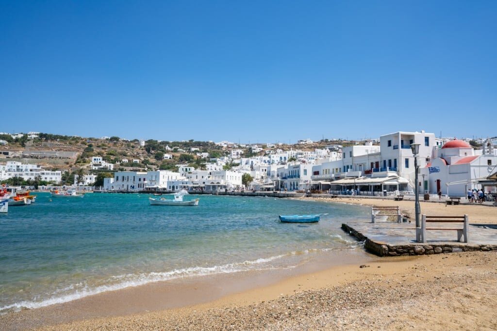 View of Mykonos Town, Greece with beach